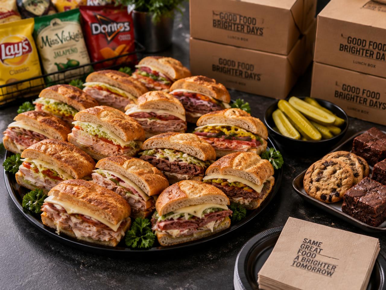 Firehouse Subs catering platter of hot subs with boxed lunches, chips and desserts