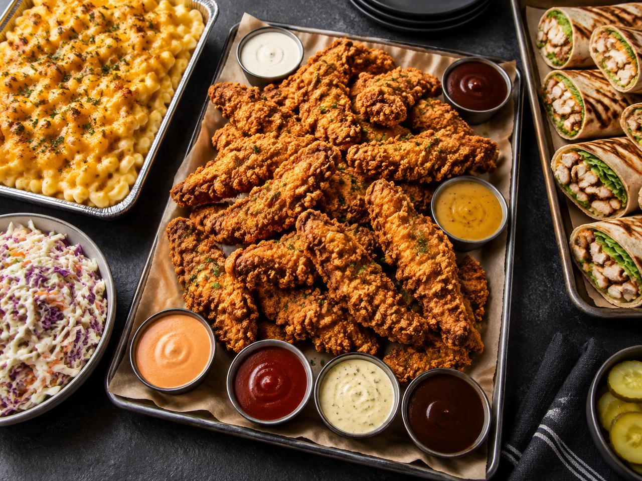 Slim Chickens catering tray of hand-breaded tenders with house sauces, mac and cheese and wraps